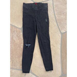 Spanx Jeans M Black Denim Skinny Stretch Distressed Raw Hem Pull On